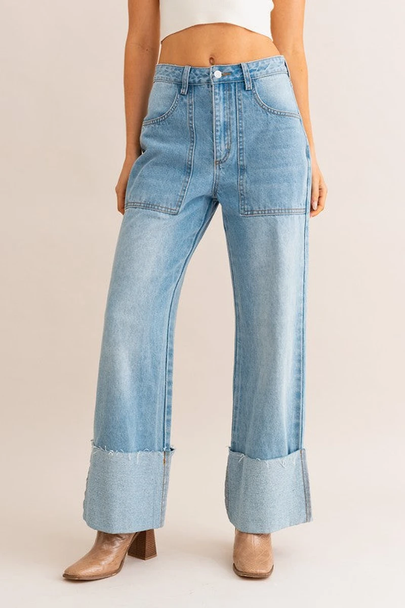 High Waisted Wide Leg Cuff Jeans
