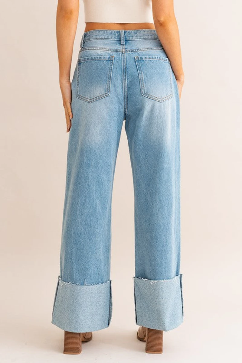 High Waisted Wide Leg Cuff Jeans