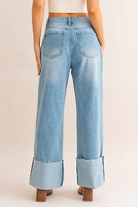 High Waisted Wide Leg Cuff Jeans