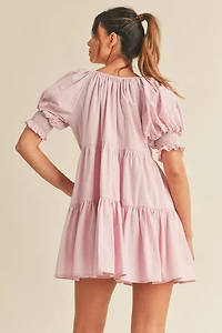 Pink Balloon Sleeve Tiered Mini Dress