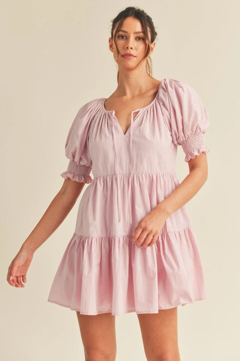Pink Balloon Sleeve Tiered Mini Dress