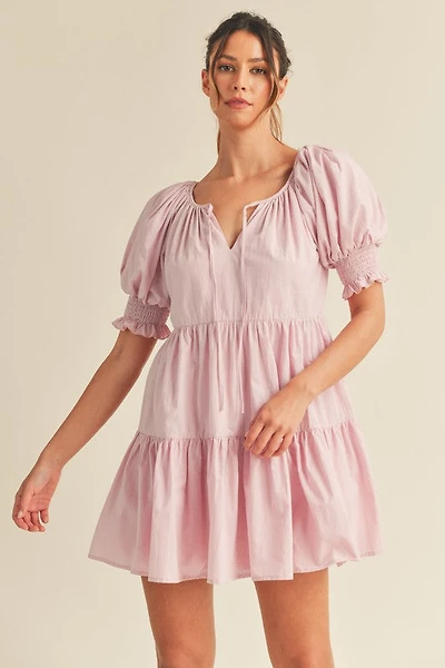 Pink Balloon Sleeve Tiered Mini Dress