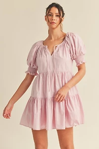 Pink Balloon Sleeve Tiered Mini Dress