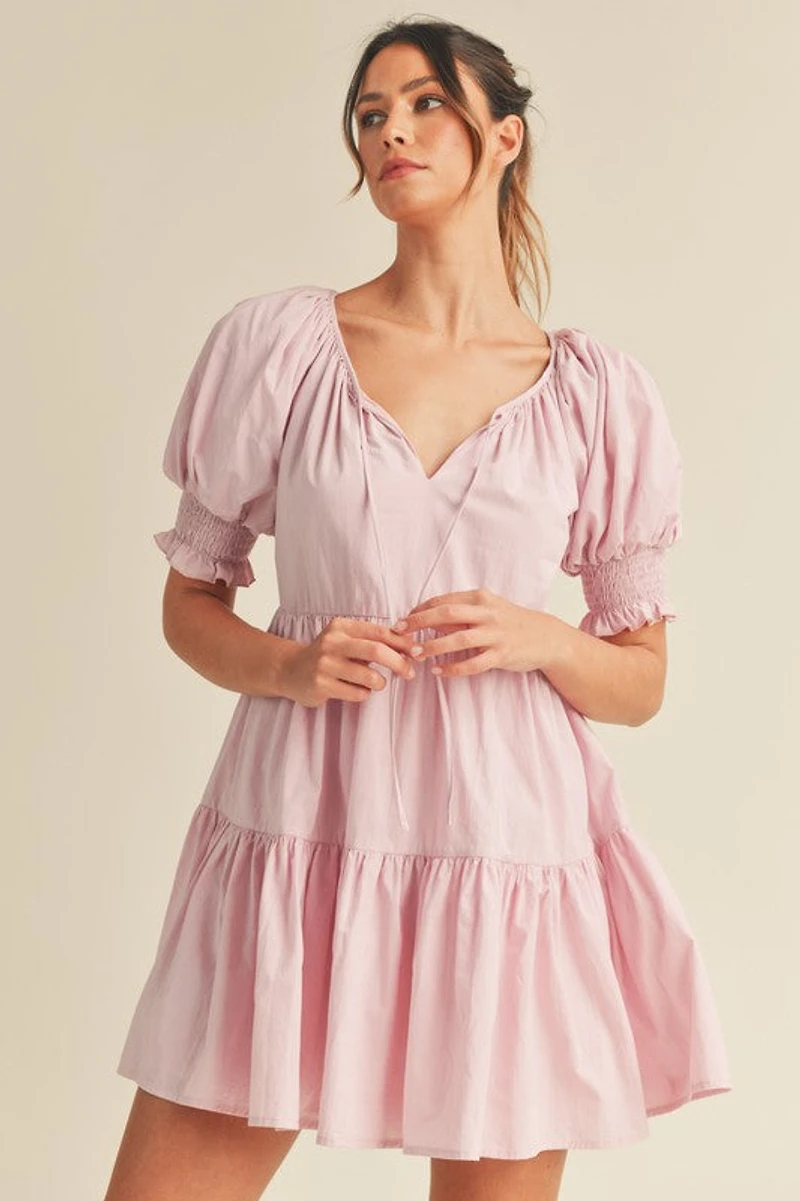 Pink Balloon Sleeve Tiered Mini Dress