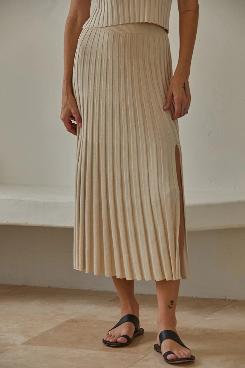 Tan Ribbed Midi Skirt
