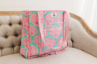 Sanibel Pink Shell | Large Quilted Ruffle Tote Bag