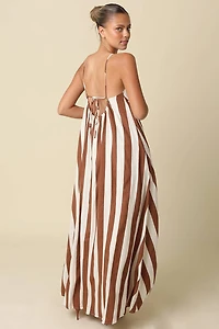 Brown & Cream Stripe Open-Back Maxi Dress