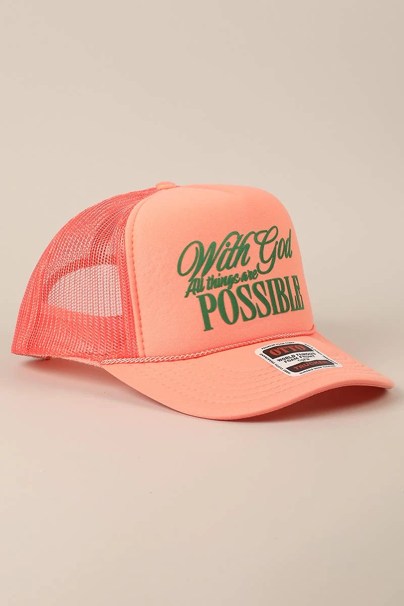 With God All Possible Trucker Hat/ Neon Pink