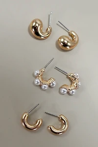 TRIO HUGGIE PEARL GOLD HOOP EARRINGS