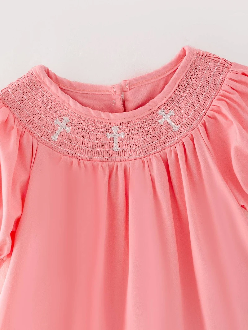 Pink Smocking Embroidered Crucifix Girls