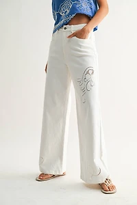 White Wide-Leg Trousers w/ Cutout