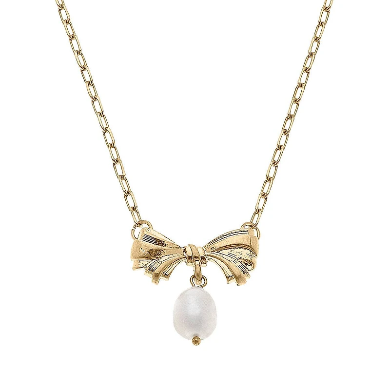 Cici Bow & Pearl Pendant Necklace in Worn Gold