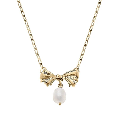Cici Bow & Pearl Pendant Necklace in Worn Gold