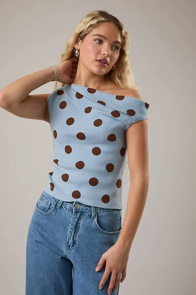 Blue & Brown Polka Dot Asymmetrical Top