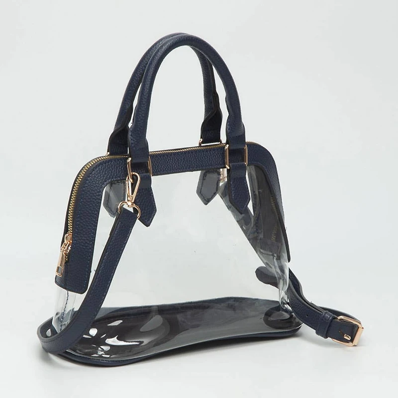 Faux Leather Trim Transparent Structured Top Handle Handbag / Crossbody Bag: Clear, Black