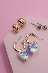BLUE CERAMIC PORCELAIN TRIO HUGGIE HOOP EARRINGS
