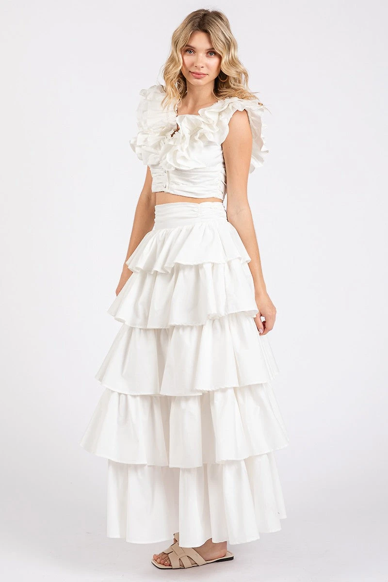 White Ruffle Frill Skirt Set