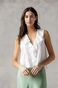 White Ruffle Front Top