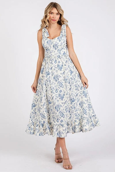 Blue Vintage Tie Midi Dress