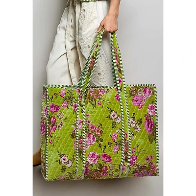Green Velvet Quilted Tote Bag