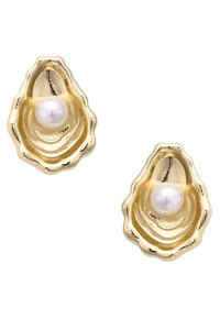 Oyster & Pearl Stud Earrings in Shiny Gold