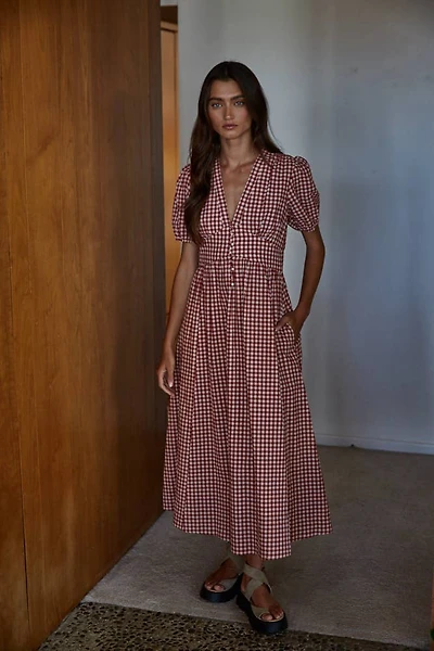 Red & White Gingham Print Button-Down Dress