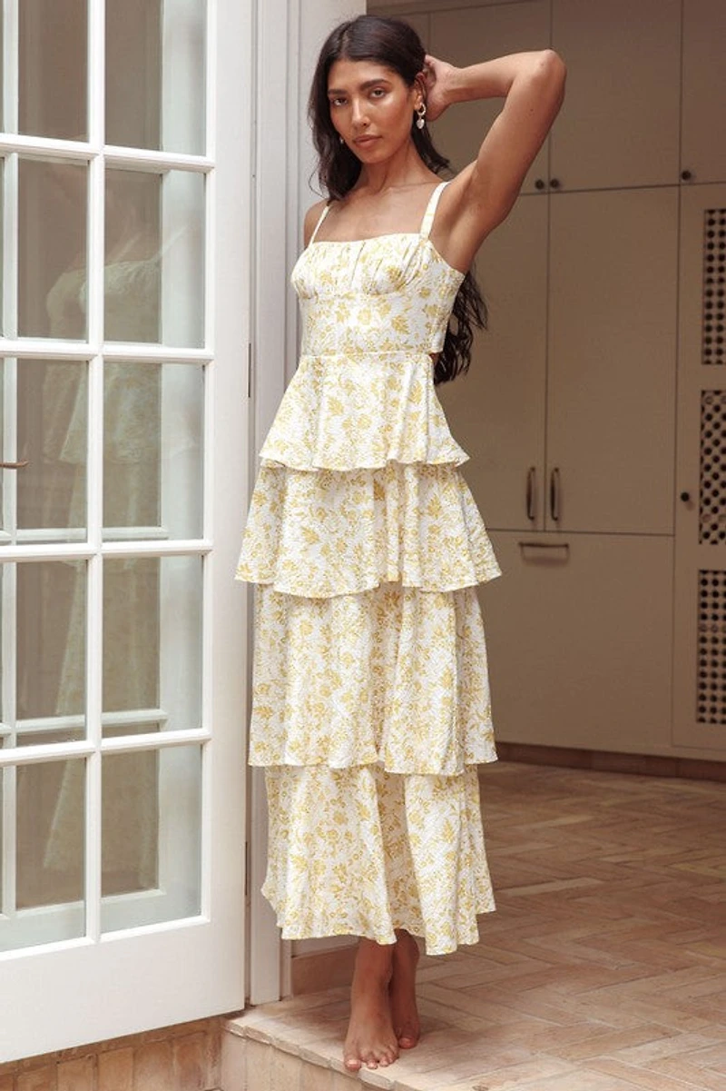 Yellow & White Floral Tie Back Maxi Dress