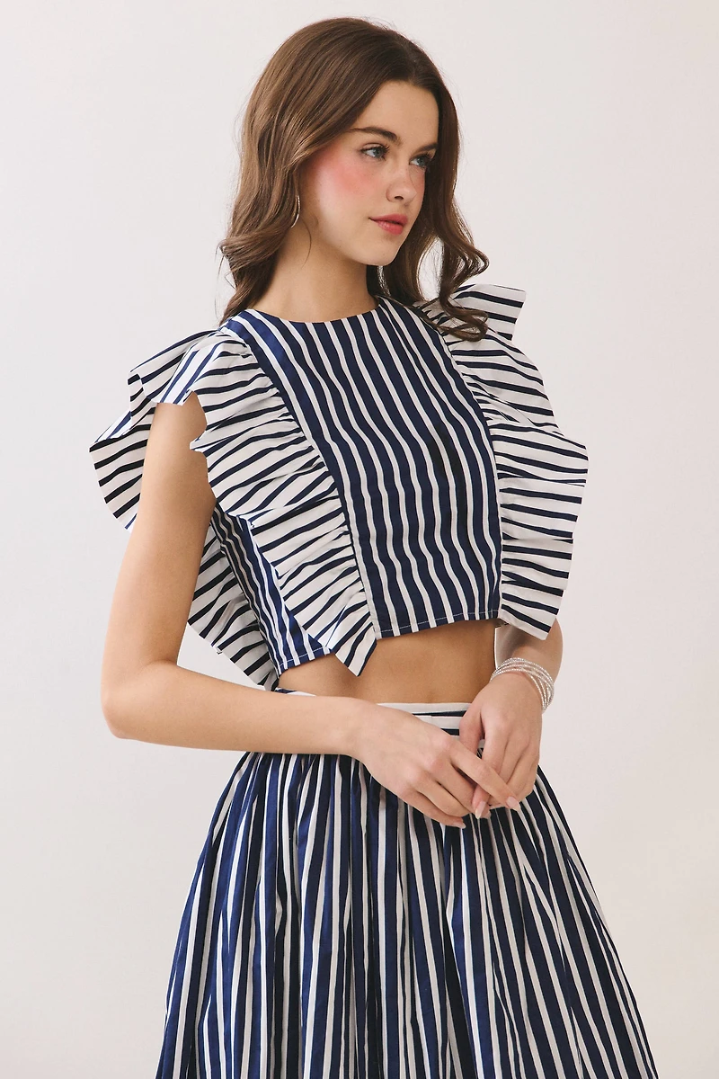 Striped Ruffle Sleeves Cropped Top