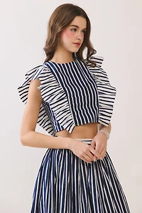 Striped Ruffle Sleeves Cropped Top