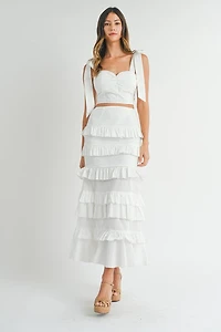 White Tiered Ruffle Maxi Skirt Set