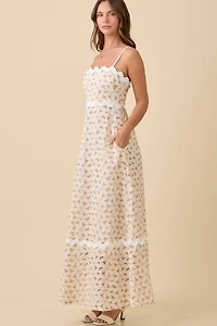 Floral Eyelet Contrast Maxi Dress