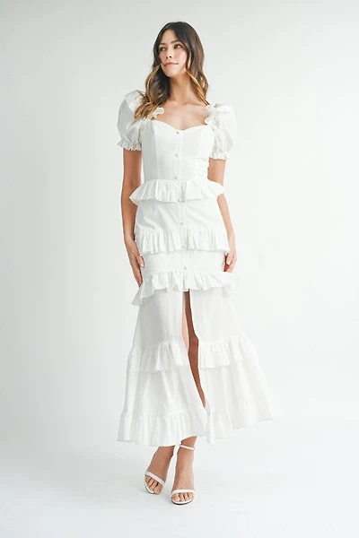 White Button Ruffle Tiered Maxi Dress