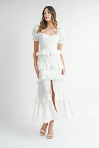 White Button Ruffle Tiered Maxi Dress