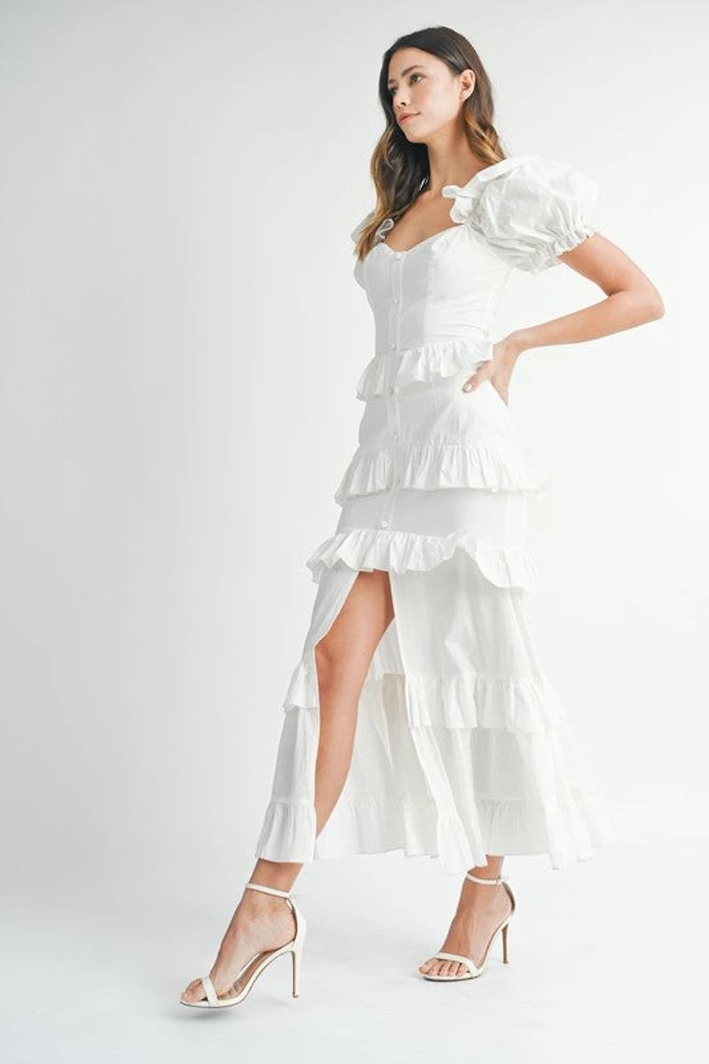 White Button Ruffle Tiered Maxi Dress