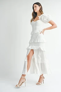 White Button Ruffle Tiered Maxi Dress