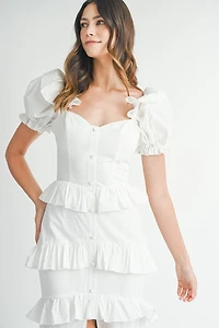 White Button Ruffle Tiered Maxi Dress