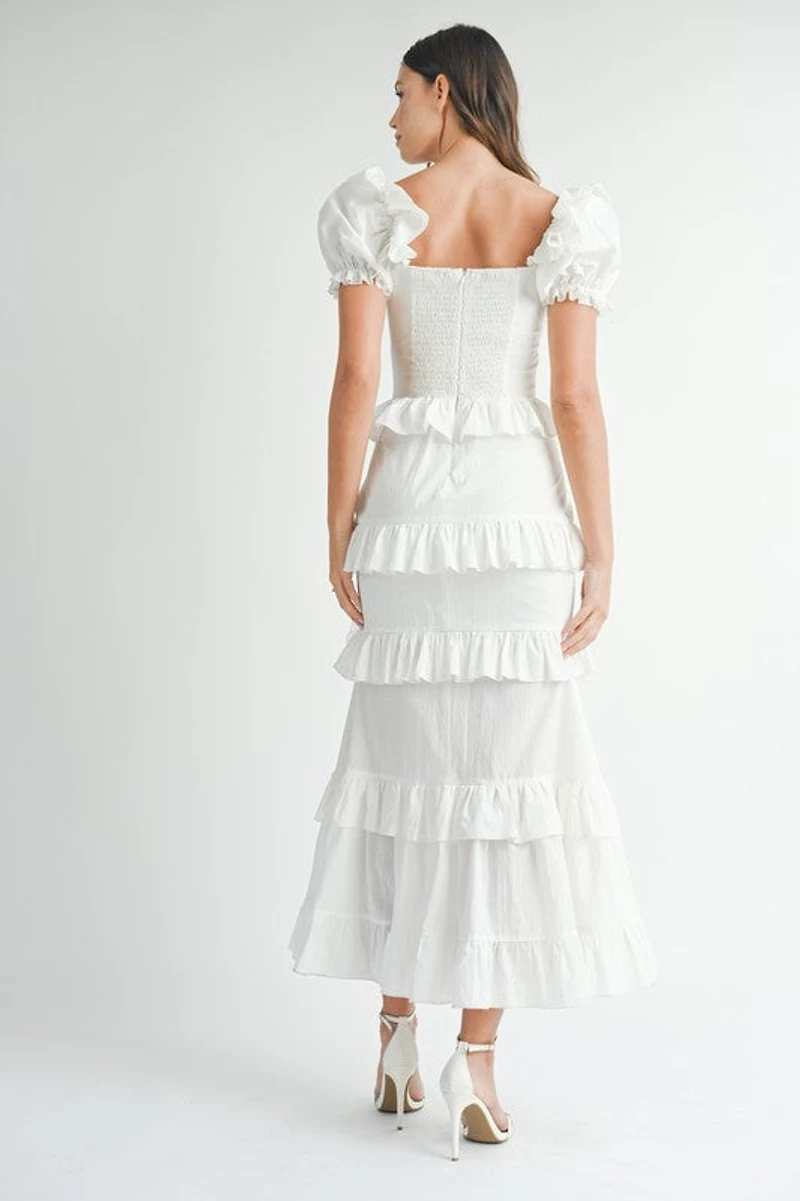 White Button Ruffle Tiered Maxi Dress