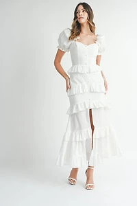 White Button Ruffle Tiered Maxi Dress