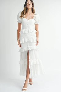 White Button Ruffle Tiered Maxi Dress