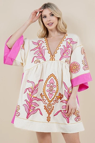 Pink Long Sleeve V-neck Embroidery Dress