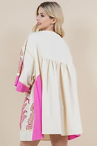 Pink Long Sleeve V-neck Embroidery Dress