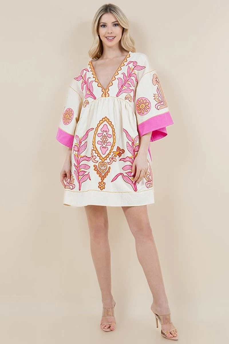 Pink Long Sleeve V-neck Embroidery Dress