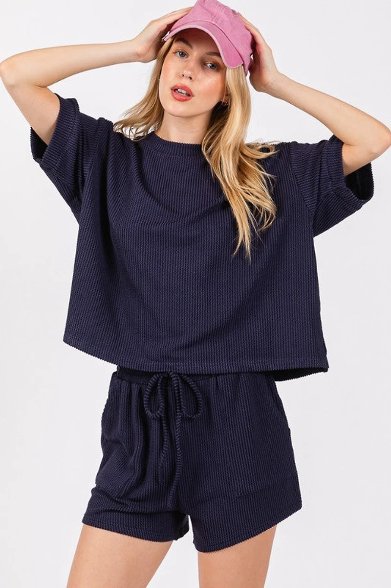 Navy Ribbed Top & Short Set