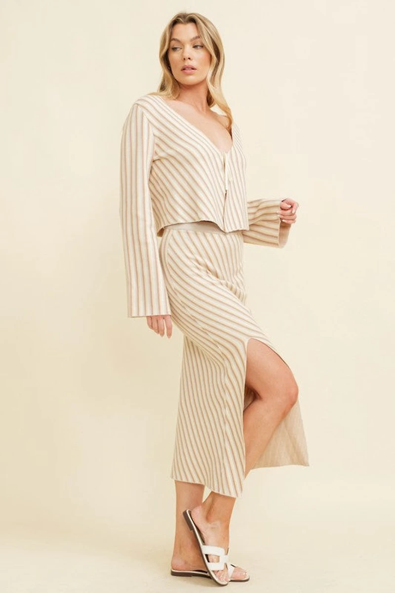 Stripe Side Slit Midi Skirt
