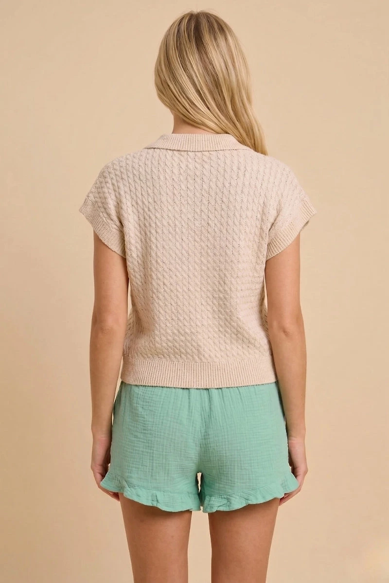 Beige Cable Knit Short Sleeve Sweater