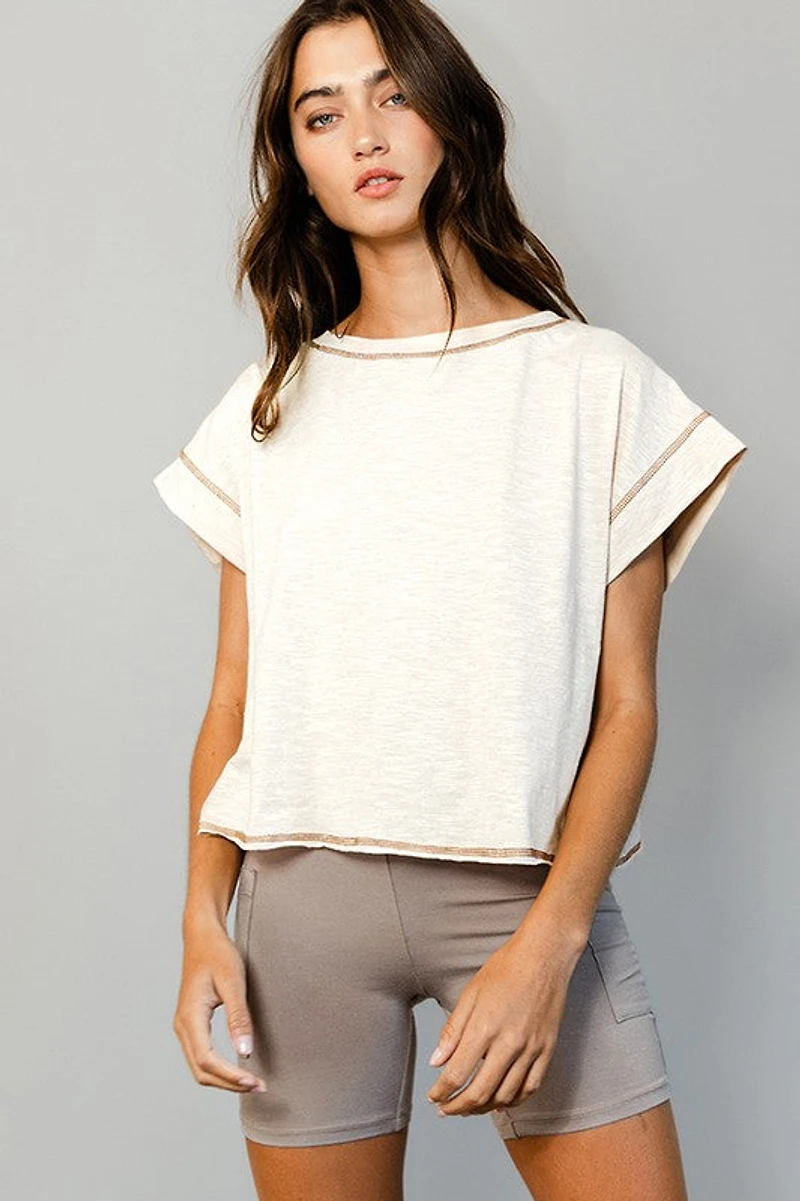 Tan Open Back Stitched Crop Top