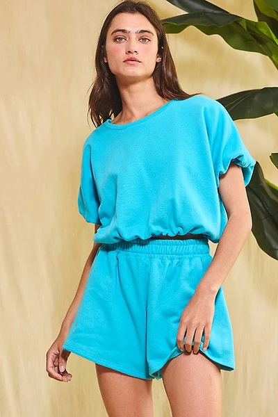 Blue Bubble Hem Terry Crop Top