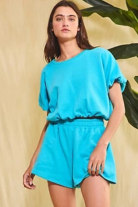 Blue Bubble Hem Terry Crop Top