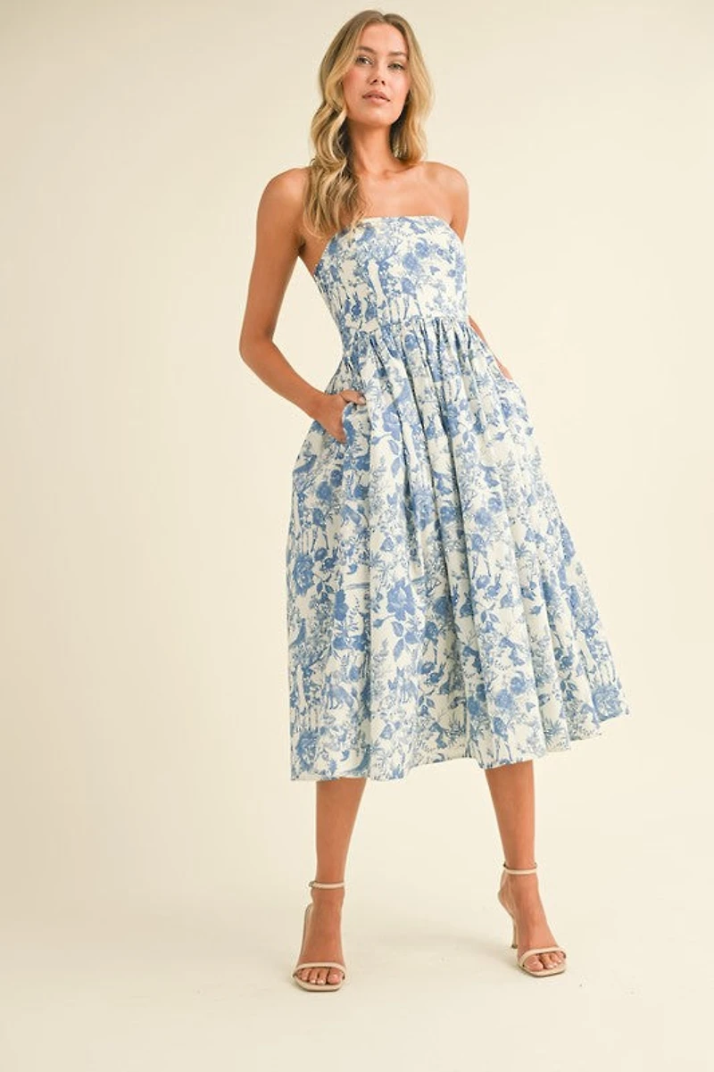 Blue Printed Strapless Dress