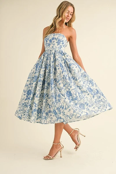 Blue Printed Strapless Dress